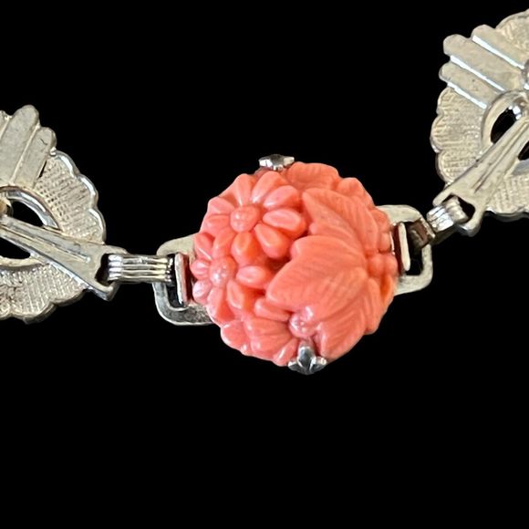 Art Deco Carved Glass Coral Color Link Bracelet 7.5” Sterling Finding - Picture 3 of 7